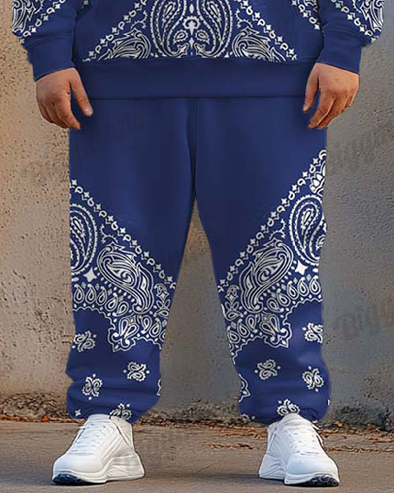 Men's Street Fashion Versatile Blue Paisley Geometric Print Plus Size Hoodie Set