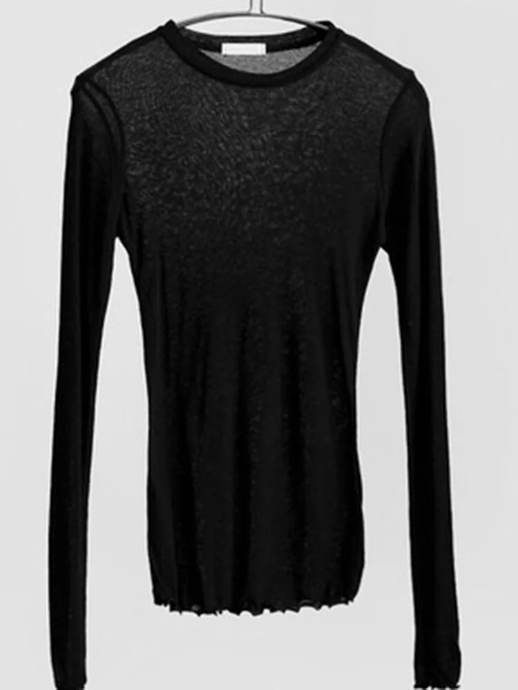 High Quality Plain T Shirt Women Cotton Elastic Basic T-shirts Female Casual Tops Long Sleeve  Thin T-shirt see through
