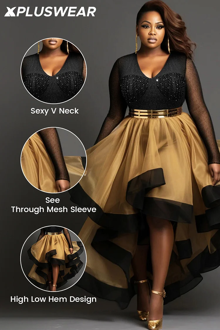 Xpluswear Design Plus Size Cocktail Party Black Gold V Neck Long Sleeve High Low Hem Tulle Midi Dresses Xpluswear