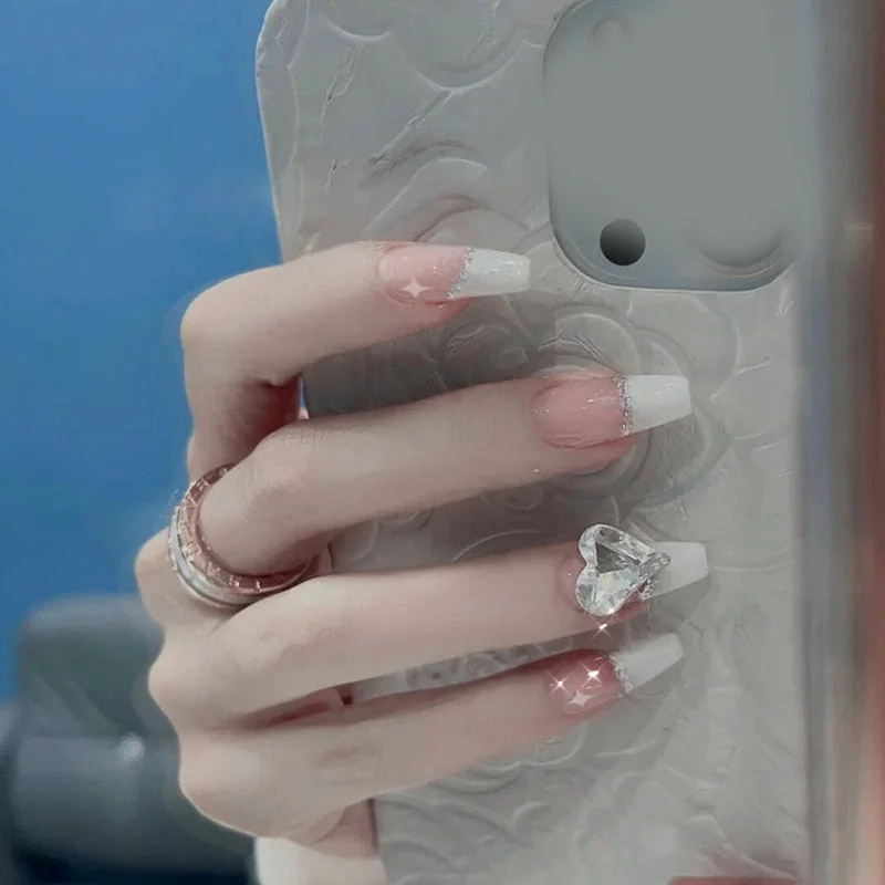 24pcs White Butterfly False Nail Patch Glue Type Removable Long Paragraph Fashion Manicure Coffin Fake Nail Patch Ballerina Art-Nail Inspo