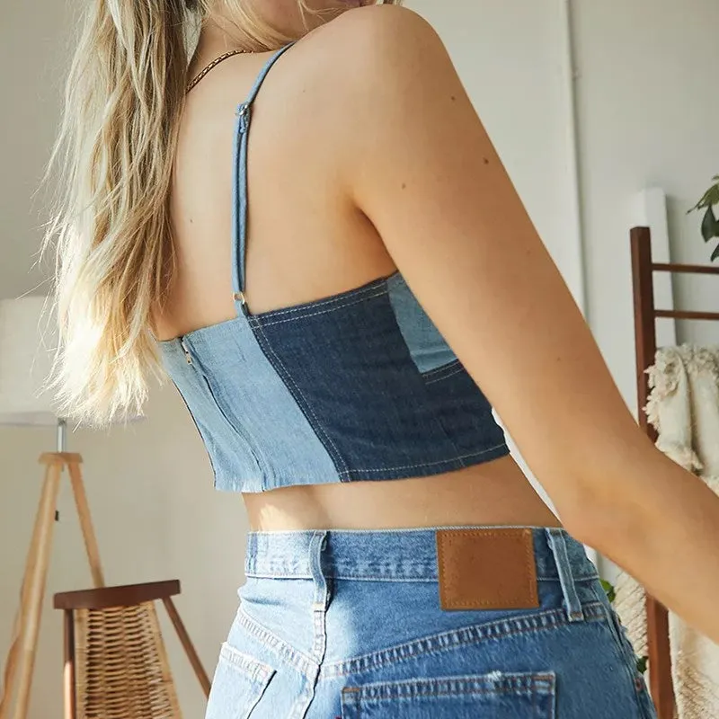 wsevypo Color Block Denim Camisoles Summer Women Ladies Spaghetti Straps Bustier Crop Tops Fashion Streetwear Blue Jeans Vest