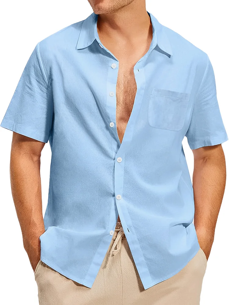 Men's summer cotton and linen casual solid color pocket short-sleeved shirt