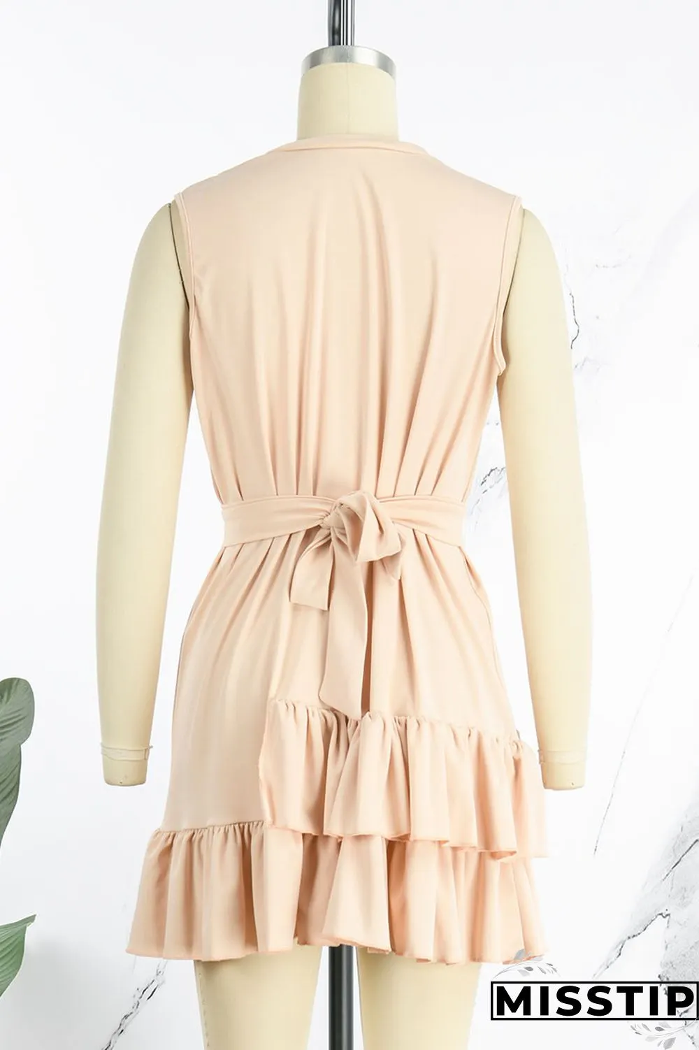 Orange Casual Sweet Solid Patchwork Flounce With Belt Asymmetrical V Neck A Line Dresses