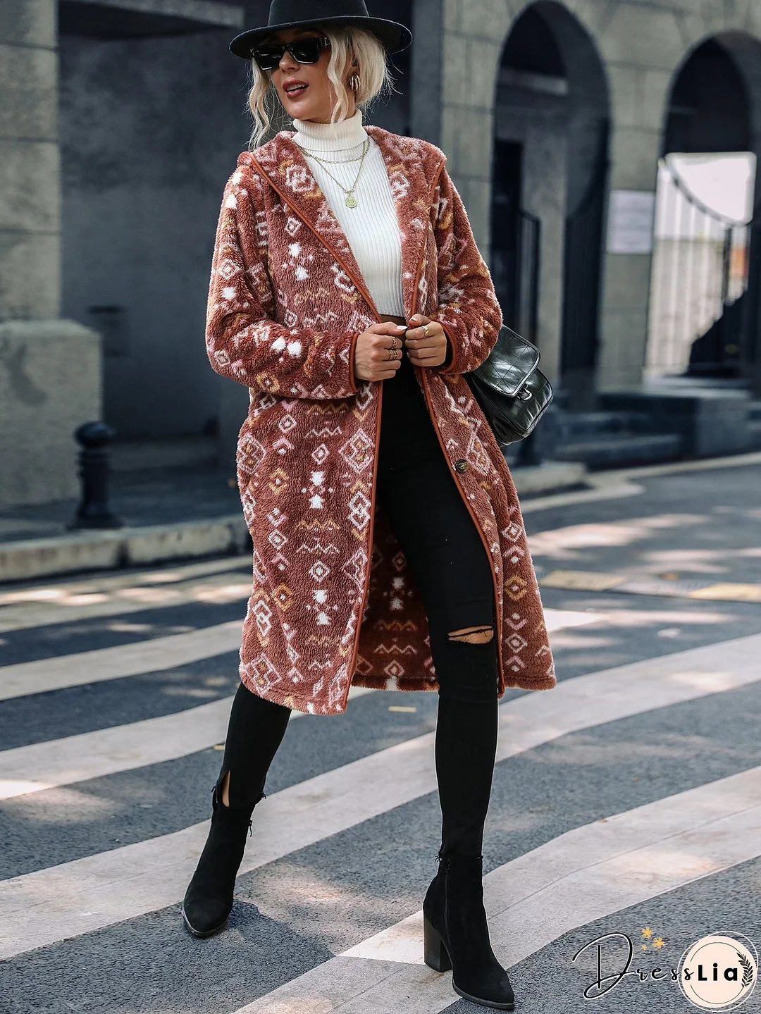 Geometric Print Long Plush Coat