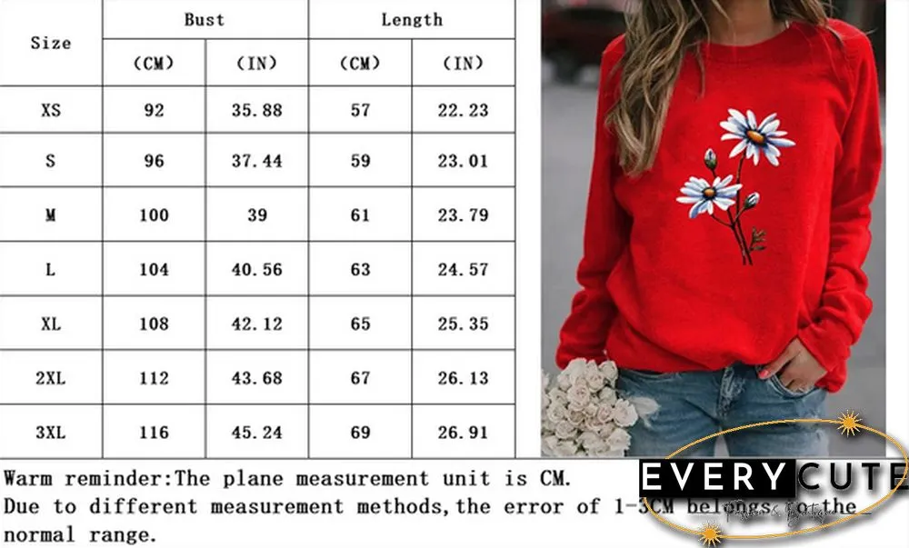 Womens Fashion Spring and Autumn Clothing Flower Print Casual Sweatshirt Long Sleeve
