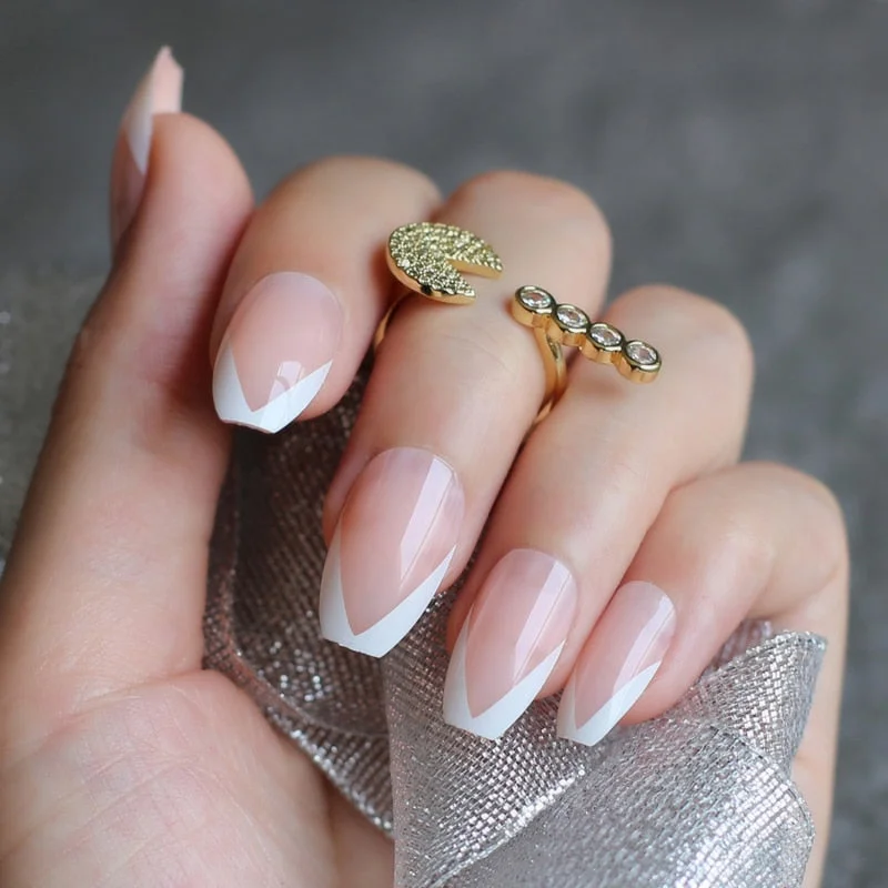 Long stiletto nails white tip nude french fasle nails sheer white pink almond fake nail 24pcs-Nail Inspo