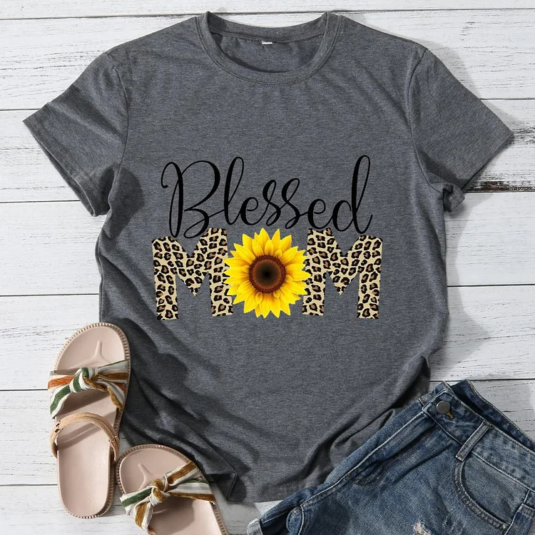 Blessed Mom Round Neck T-shirt-Annaletters