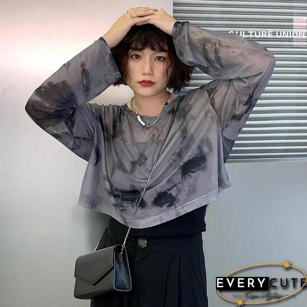 Long Sleeve T-Shirts Women Tie Dye Cropped Translucent Loose College Sun-Proof Fashion Summer Thin Tops Design All-Match Mujer