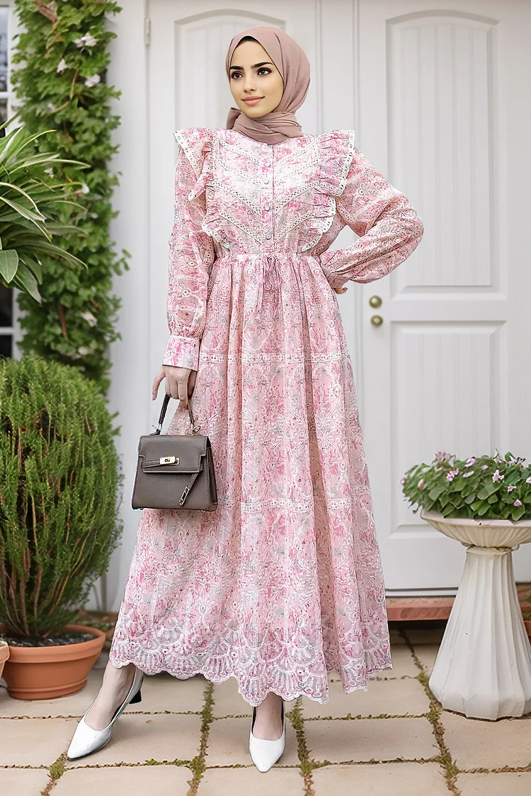 Cotton Blend Exquisite Eyelet Embroidered Ruffle Lace Patchwork Floral Long  Dress