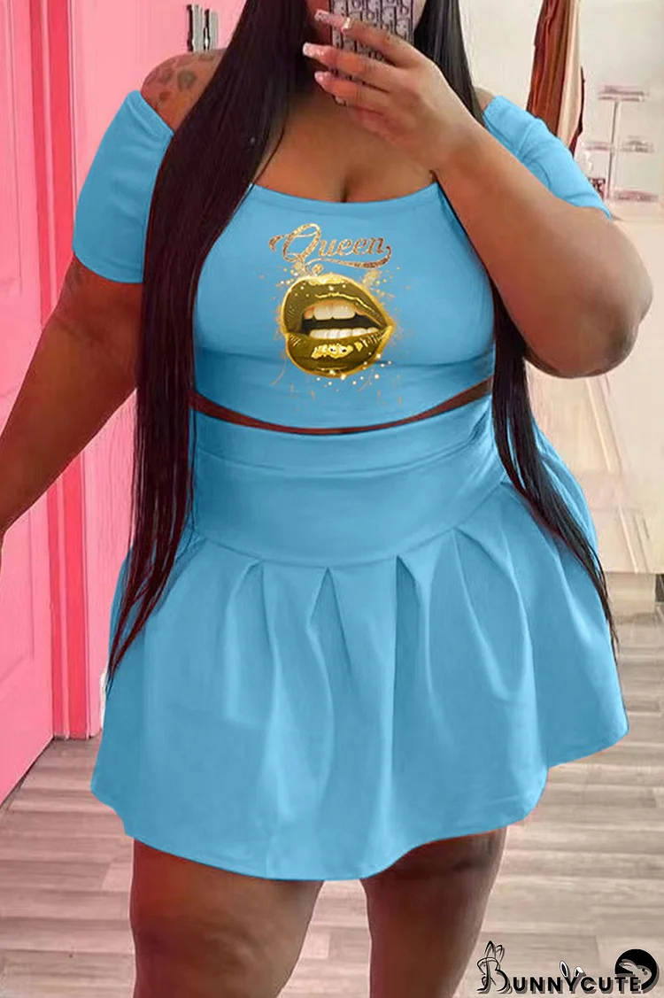 Light Blue Fashion Casual Lips Printed Basic O Neck Short Sleeve Two Pieces