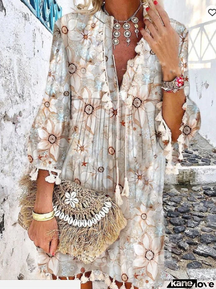 Vintage Print V-Neck Long Sleeve Fringe Dress
