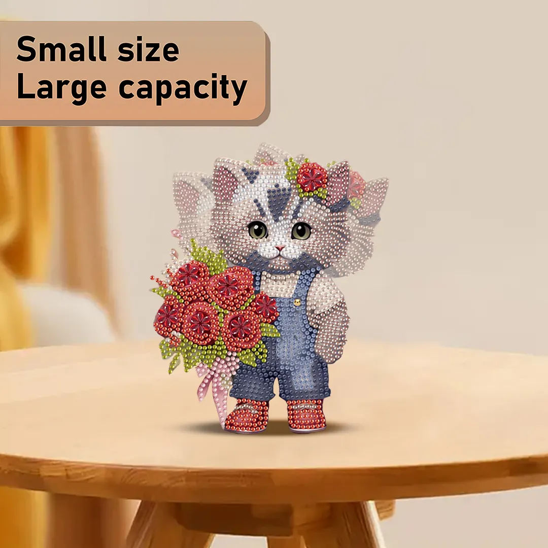 Cat Rose DIY 2D Flat Acrylic Desktop Diamond Art Kit with Rocking Function Decor