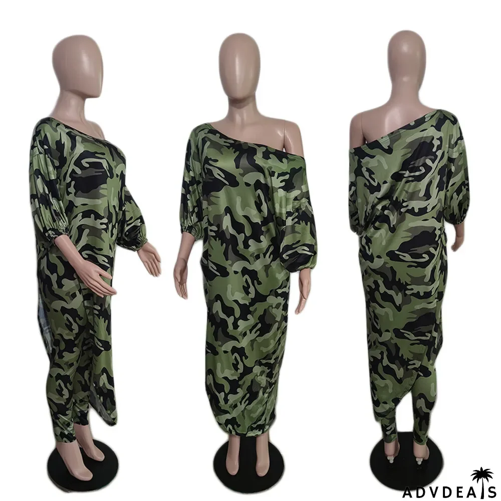 Women's Fashion Casual Loose Plus Size Slash Shoulder Pant Two Piece