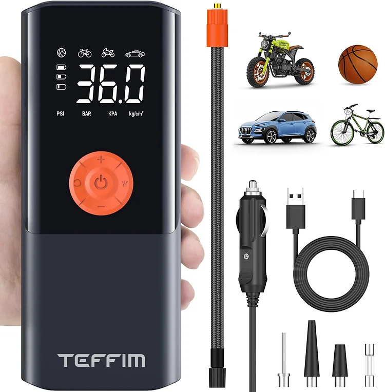 Portable Tire Inflator - Car Air Compressor with Digital Pressure Gauge - 150 PSI - Motorcycle, Electric Bike, and Bicycle Pump with LED Light