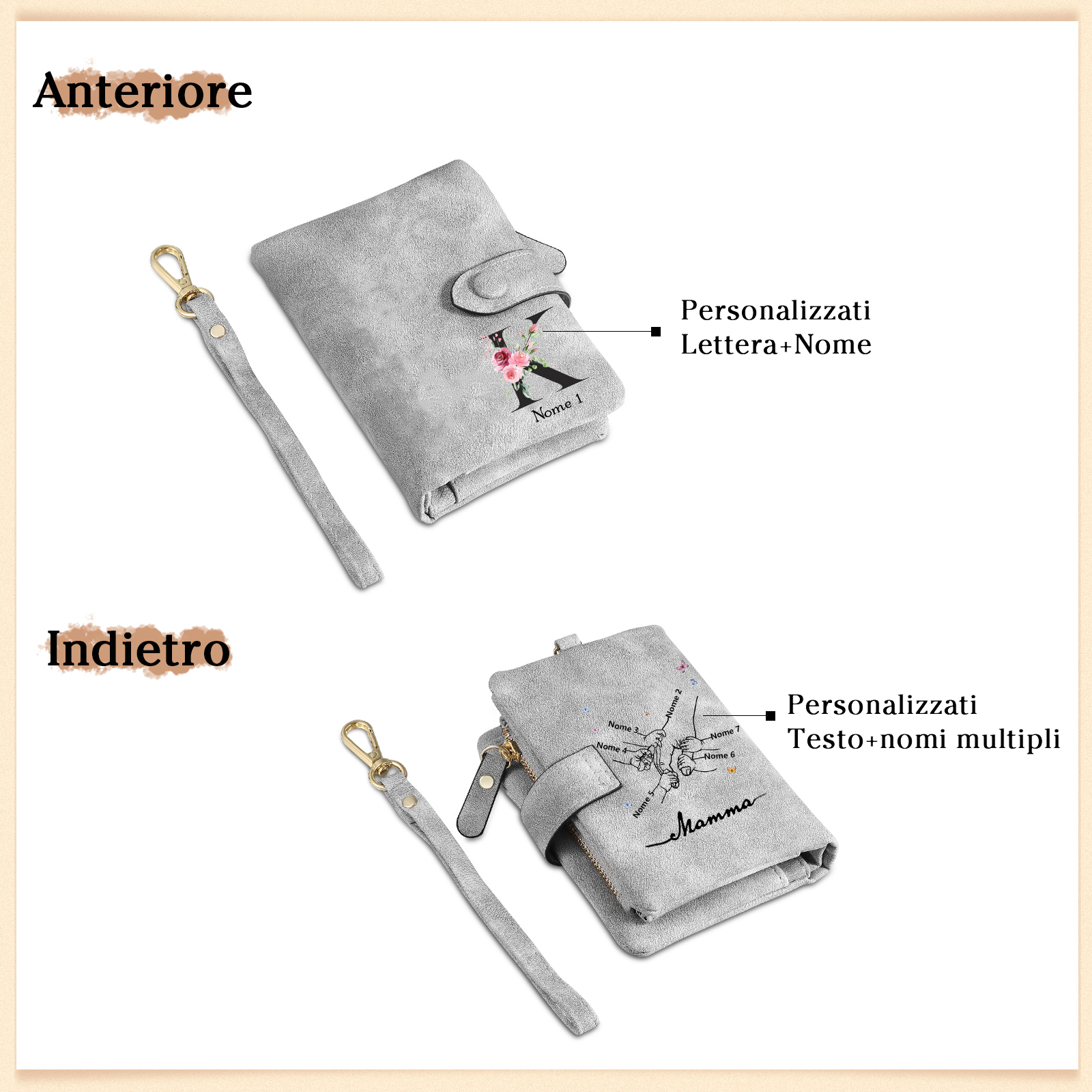 Portafoglio mano nella mano in PU pelle con 7 nomi & 1 testo & 1 lettera personalizzati per mamma