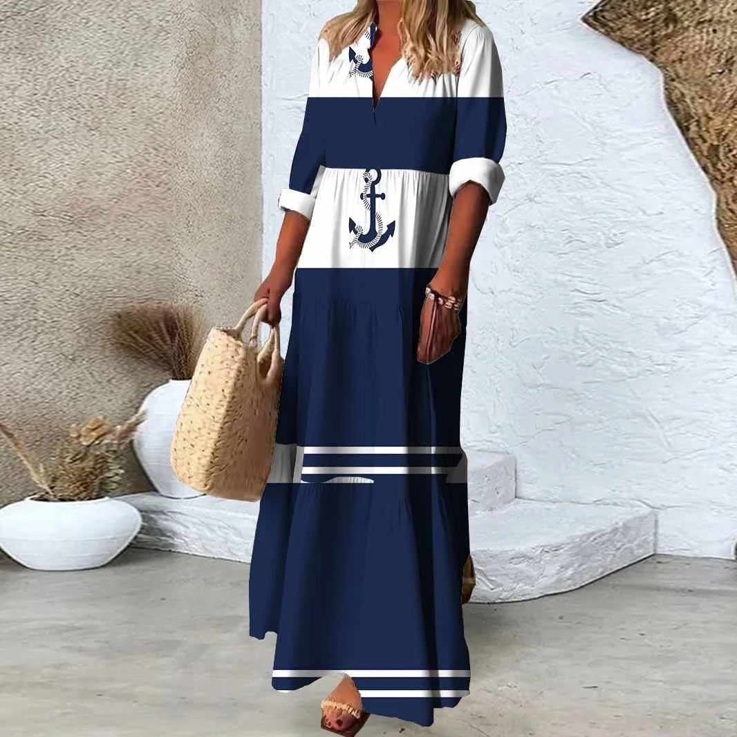 Women Anchor,Blue,Stripes DZDN1094 SPU Printed Long Sleeve V-neck Maxi Dress