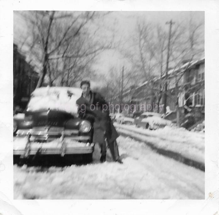 b + w FOUND Photo Poster painting Original Snow Snapshot FUZZY CAR GUYD 02 9 R