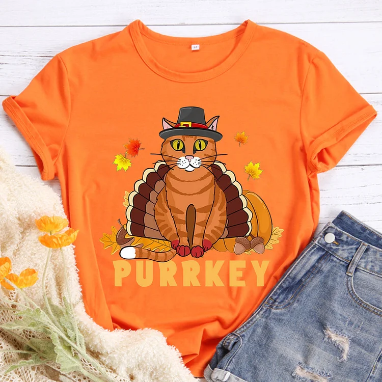 Turkey Cat Funny Thanksgiving T-Shirt Tee -612178