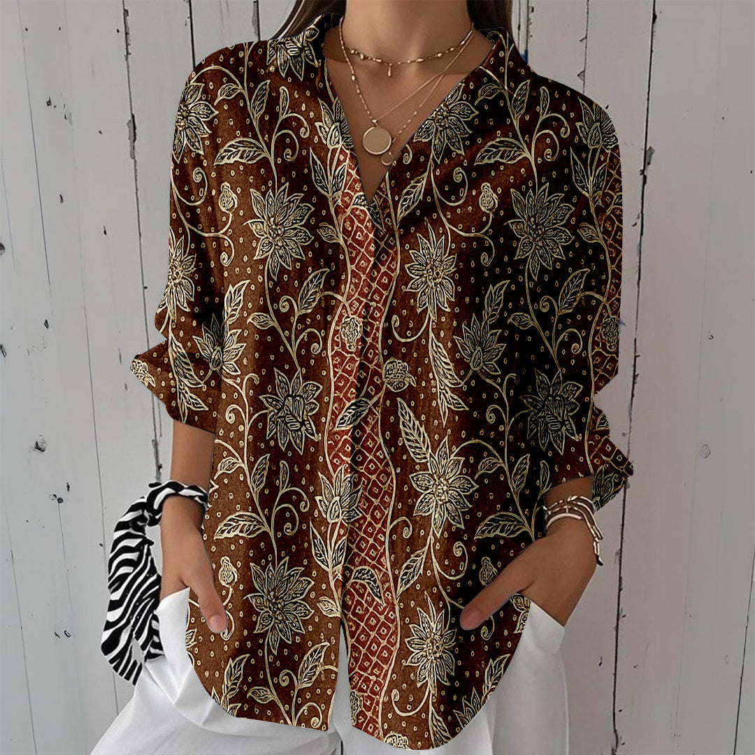Women Long Sleeve V-neck Graphic Floral Printed Top