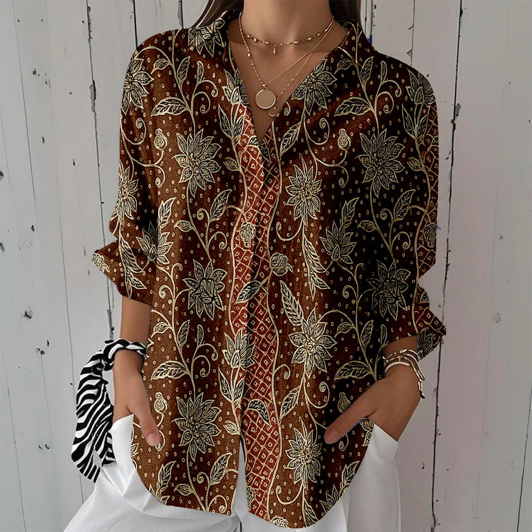 Style & Comfort for Mature Women Women Ethnic Ethnic, Brown, Floral DZCL0492 3/4 Sleeve Shirt Collar Printed Button Tops