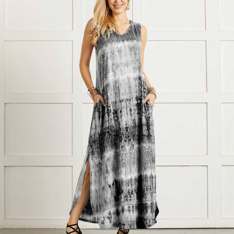 Vintage Sexy Tie Dye Print Slit Irregular V Neck Sleeveless Midi Dress