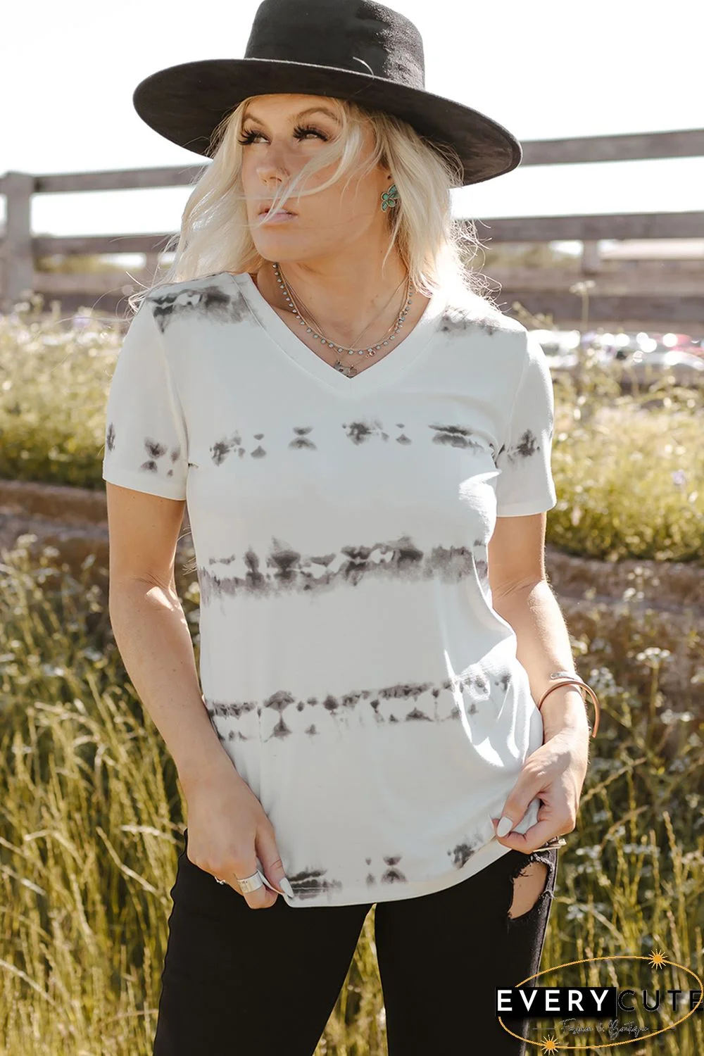 Grey V Neck Tie-dye Tee