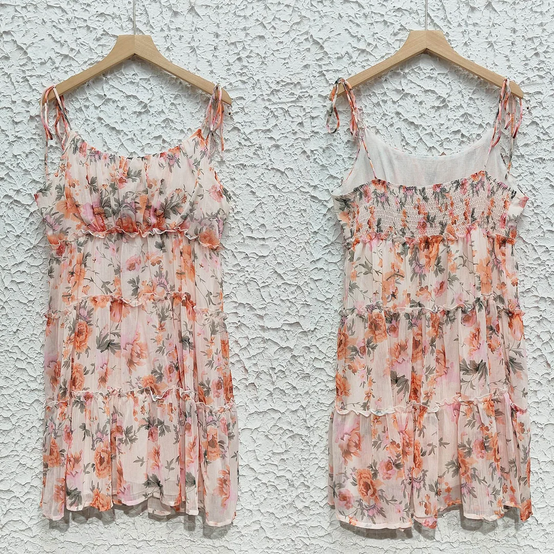 Sexy Chiffon Layer Ruffles Summer Strappy Dress Floral Print Holiday Backless Suspender Mini Dress