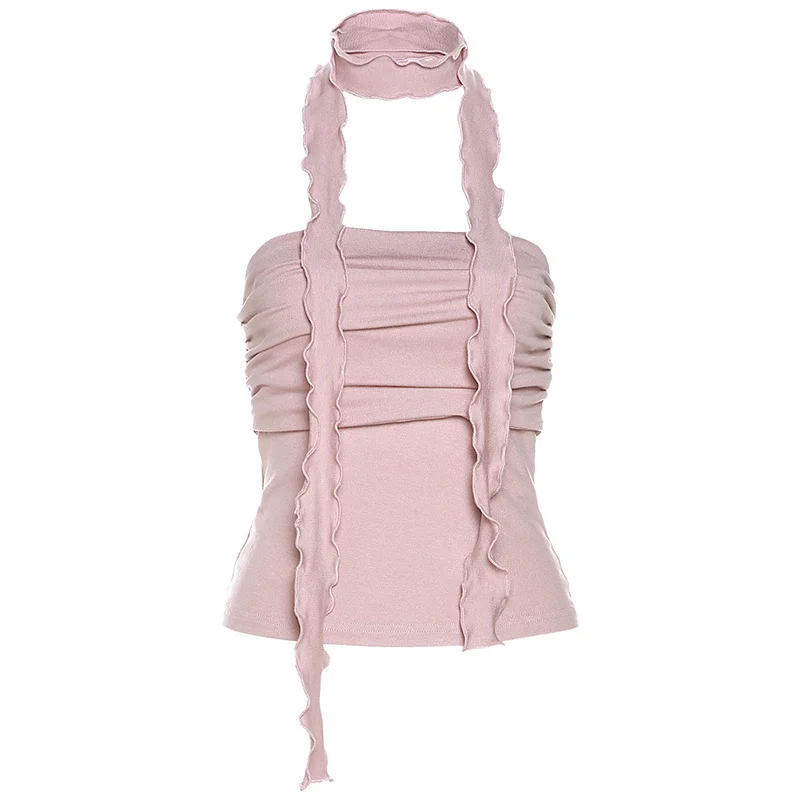 Toloer Toloer 2024 New Women's Solid Color Slim Fashion One Word Collar Pleated Sexy Show Back Vest-Outfit Ideas