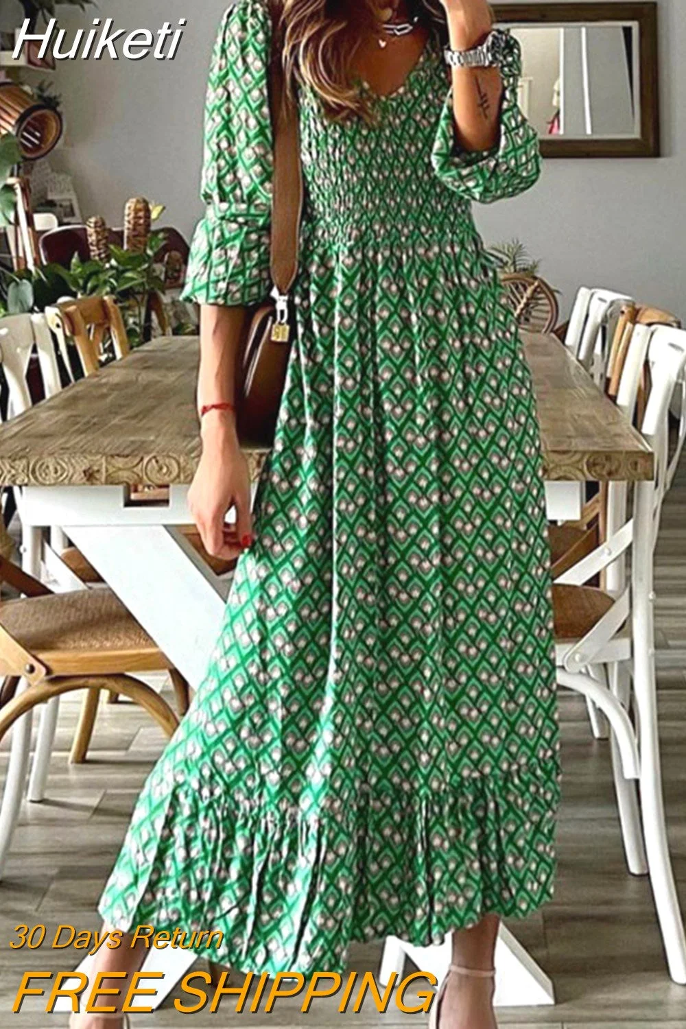 Huiketi Chic V Neck Spring Summer Maxi Dress Loose Casual Ruffle A-Line Dress Elegant Floral Printed Women Half Sleeve Dresses