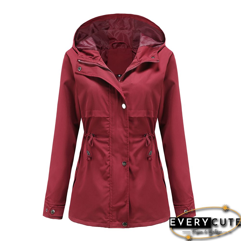 Wine Red Waist Drawstring Hooded Outdoor Rainproof Coat