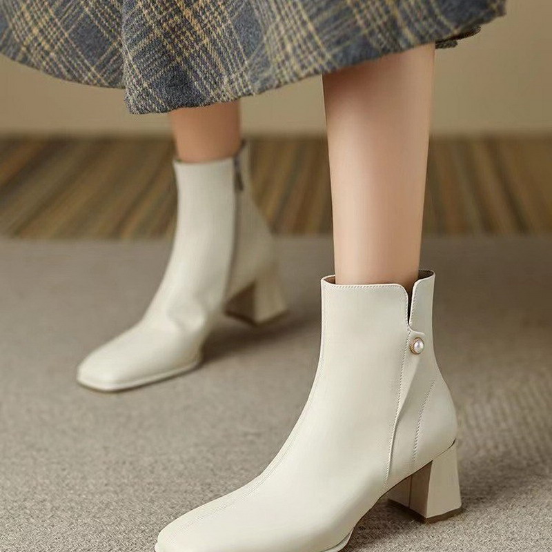 Spacecapes Office Lady Ankle Pearl Work Goth Women Boots Autumn Winter Mid Heels Dress Fashion Women Shoes Chunky Pumps Woman Botas 2025