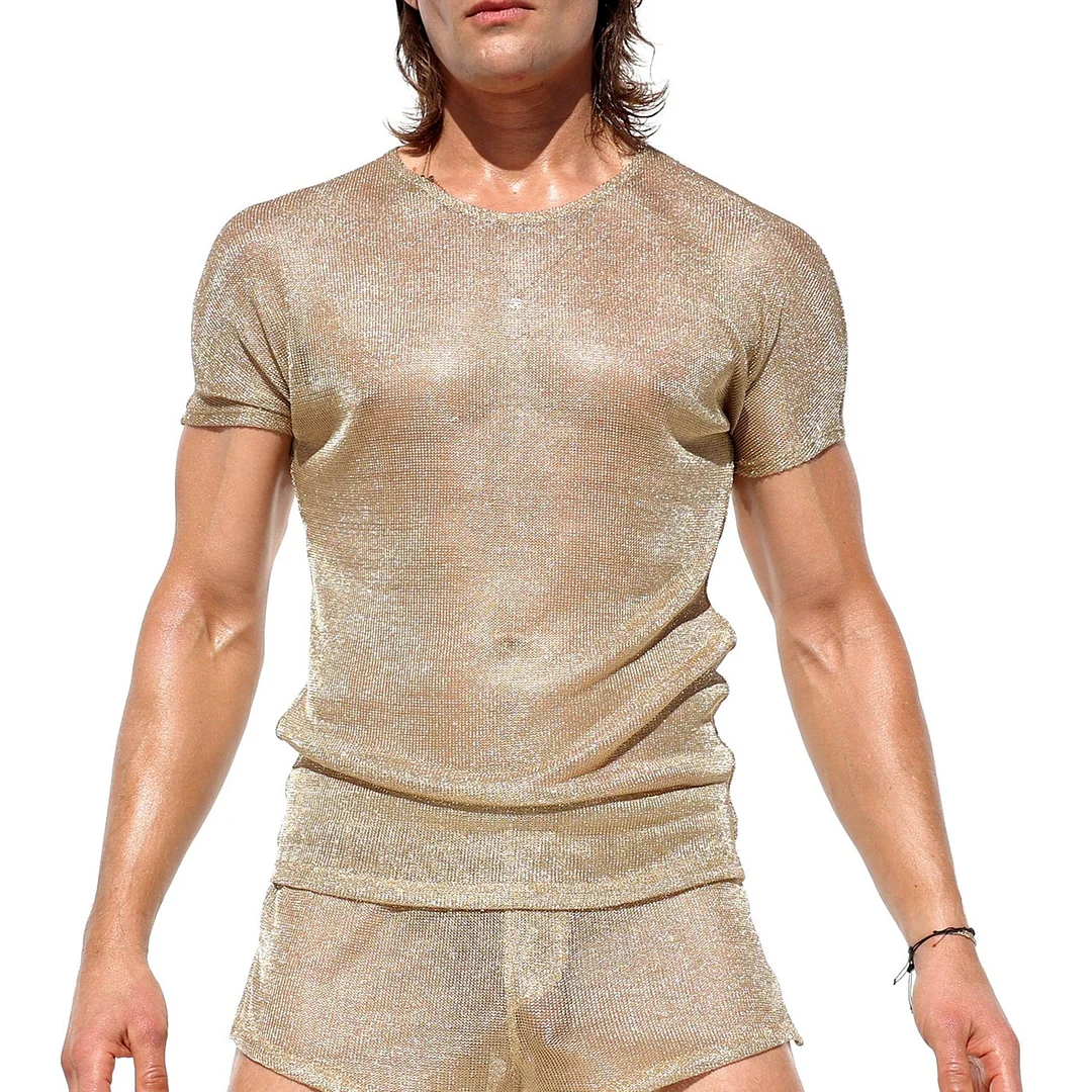 Men's Shiny Striped Loose Short-sleeved Crew Neck Top-inspireuse