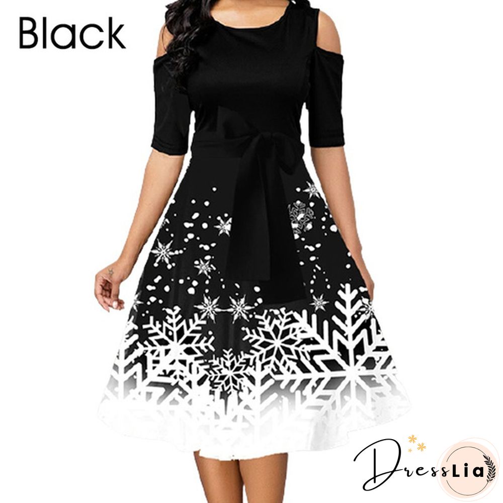 Women Fashion Belted Snowflake Print Christmas Dress Cold Shoulder Round Neck Party Dress Plus Size A-Line Dresses