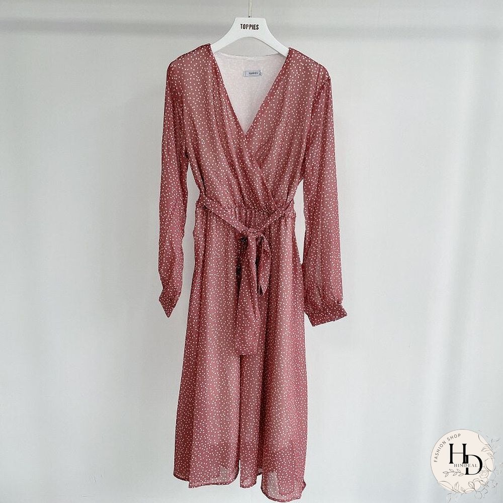 Toppies Women Dress Heart Print vestidos Wrap around v neck Long sleeve Fashion Pink Chiffon Dresses