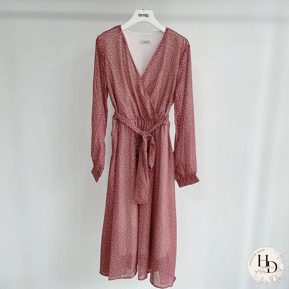 Toppies Women Dress Heart Print vestidos Wrap around v neck Long sleeve Fashion Pink Chiffon Dresses