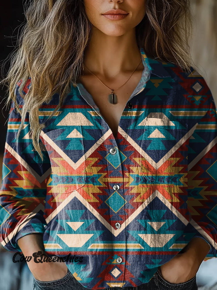 Women’s Retro Contrast Aztec Art Print Casual Long Sleeve Comfortable Cotton Shirt Multicolor / S