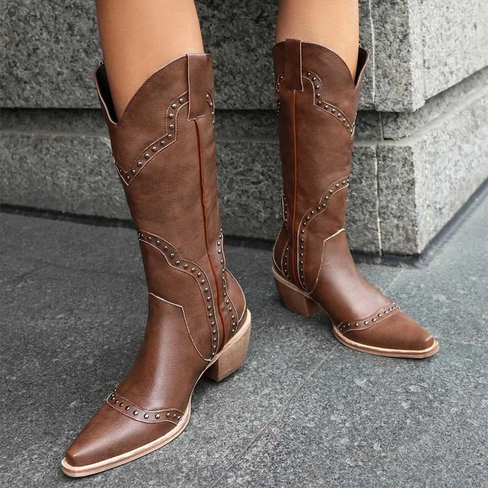 Brown Block Heel Snip Toe Studded Mid Calf Cowboy Boots for Women