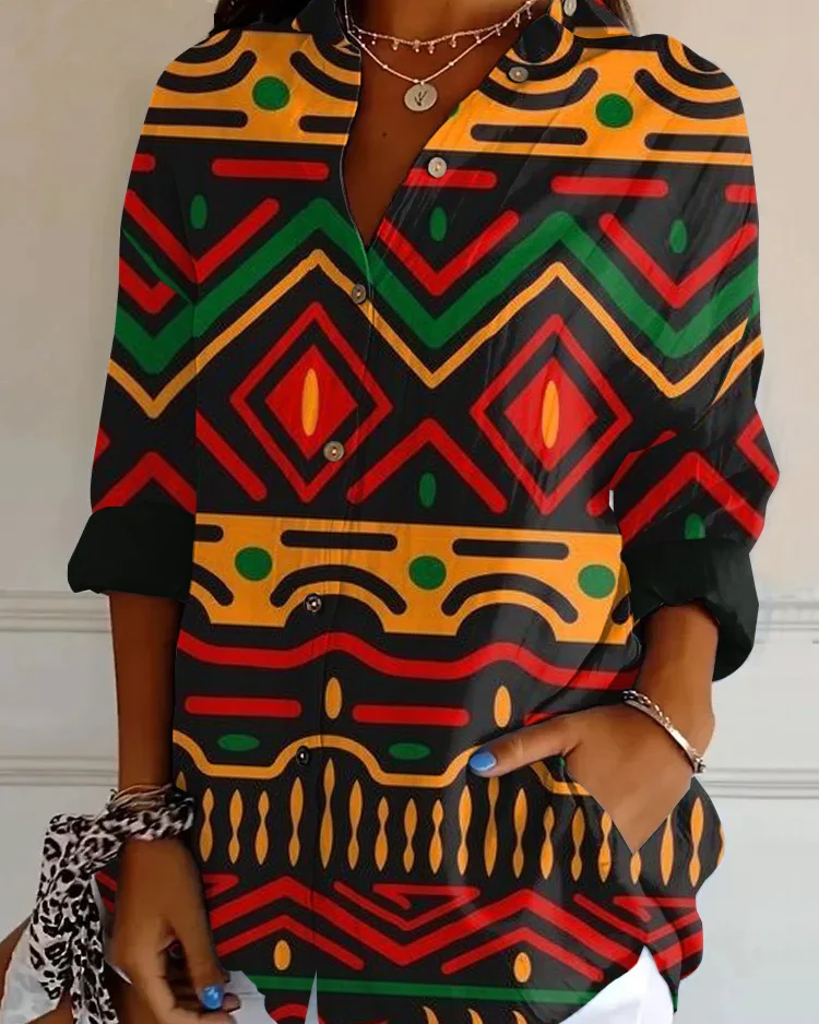 Reggae Geometric Stripes Print Long Sleeve Shirts