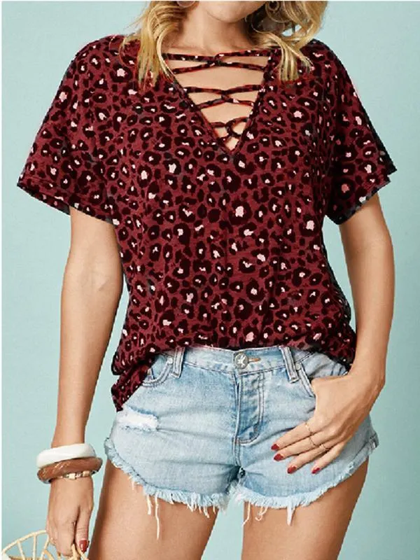 Women's Short Sleeve V-neck Leopard Printed Tops T-shirts