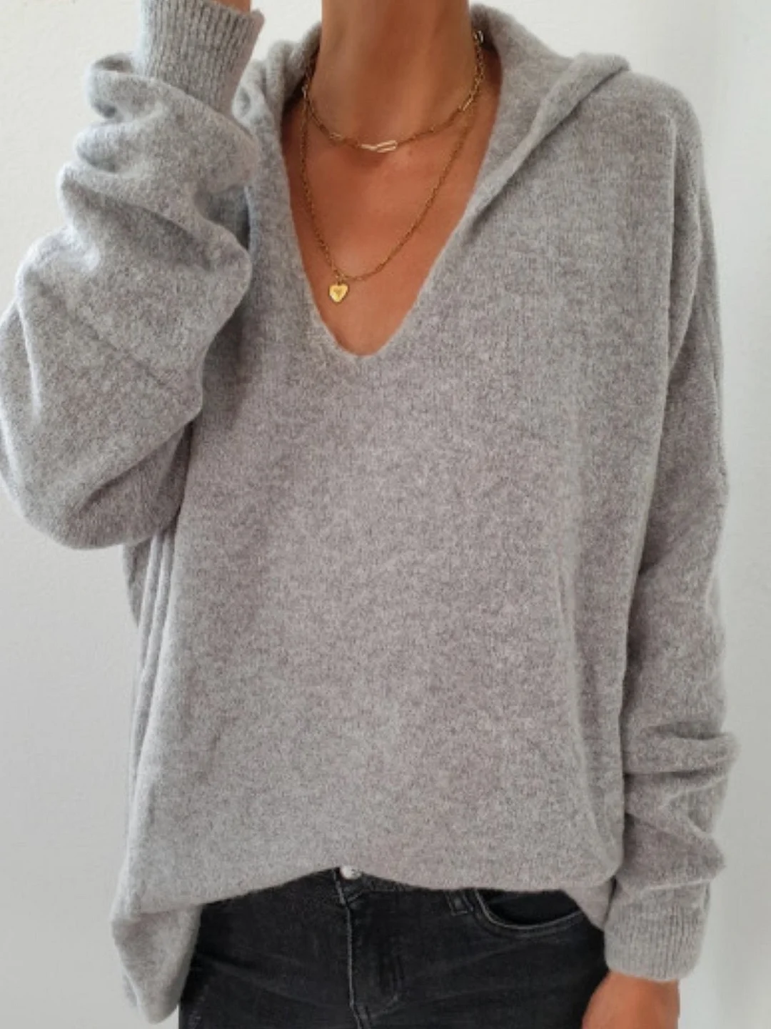 Women Solid Color Wool Blend V Neck Shift Pullover Sweater