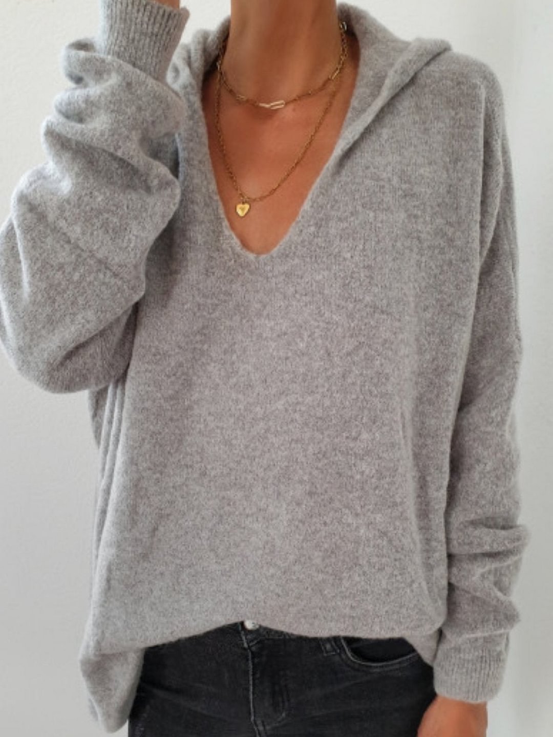 Women Solid Color Wool Blend V Neck Shift Pullover Sweater | EGEMISS
