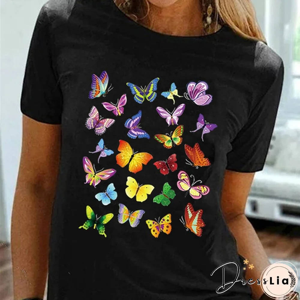 Colorful Butterfly Printed Female T Shirt Summer Fashion Short Sleeve Women T Shirts Round Neck Top Tees