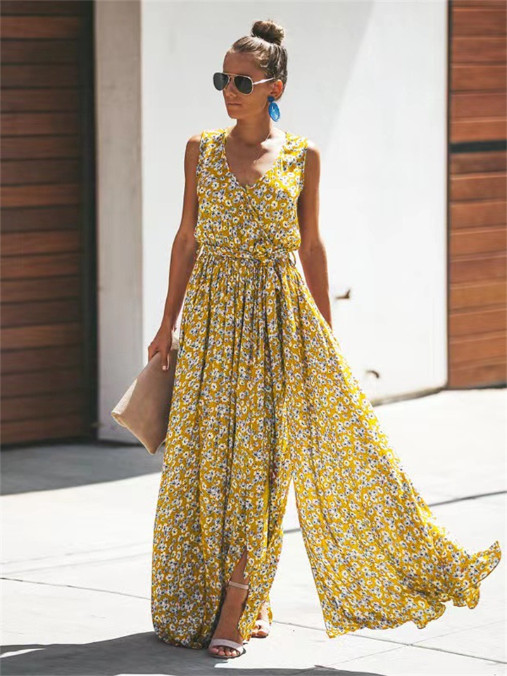 Printed Temperament Commuter Sleeveless Long Dress