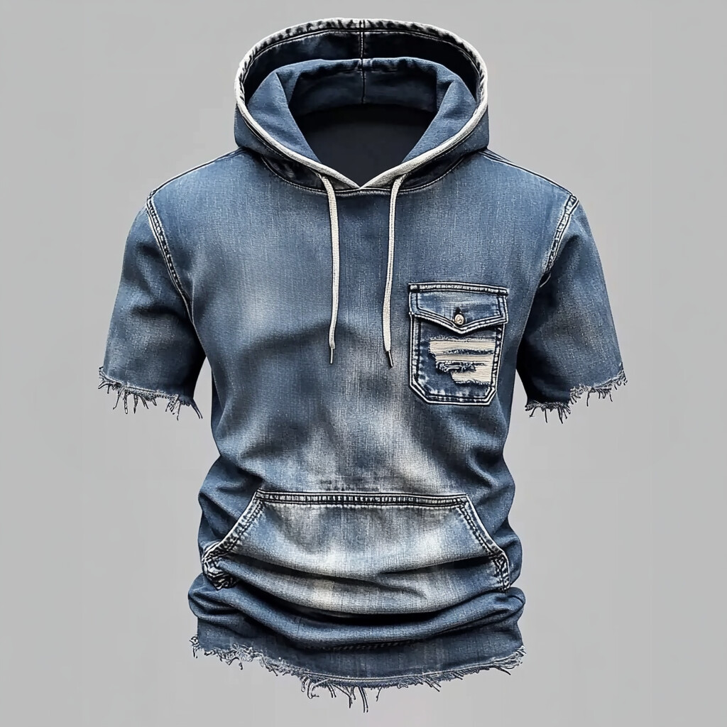 Men's Denim Raw Edge Drawstring Chest Pocket Short Sleeve Hoodie