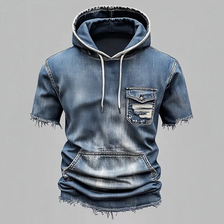 Men's Denim Raw Edge Drawstring Chest Pocket Short Sleeve Hoodie