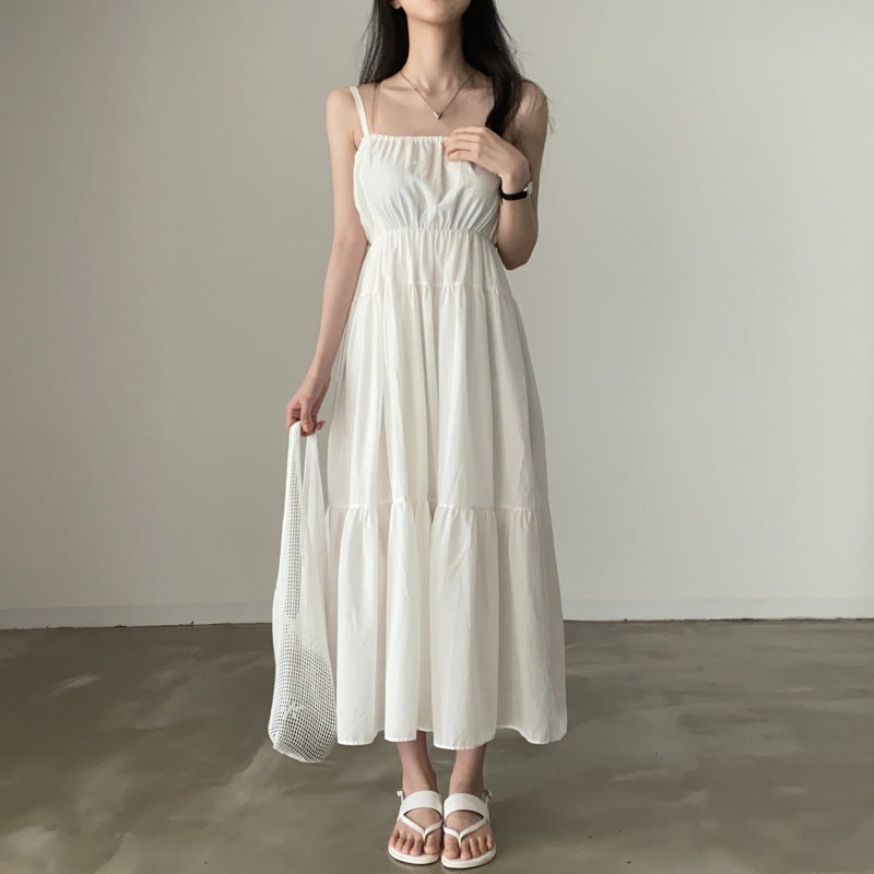 Aiertu church outfit Chic Summer Holiday Style Suspender Skirt Simple Design Pleated Stitching Elastic Waist Solid Color Large Swing Dress aiertu