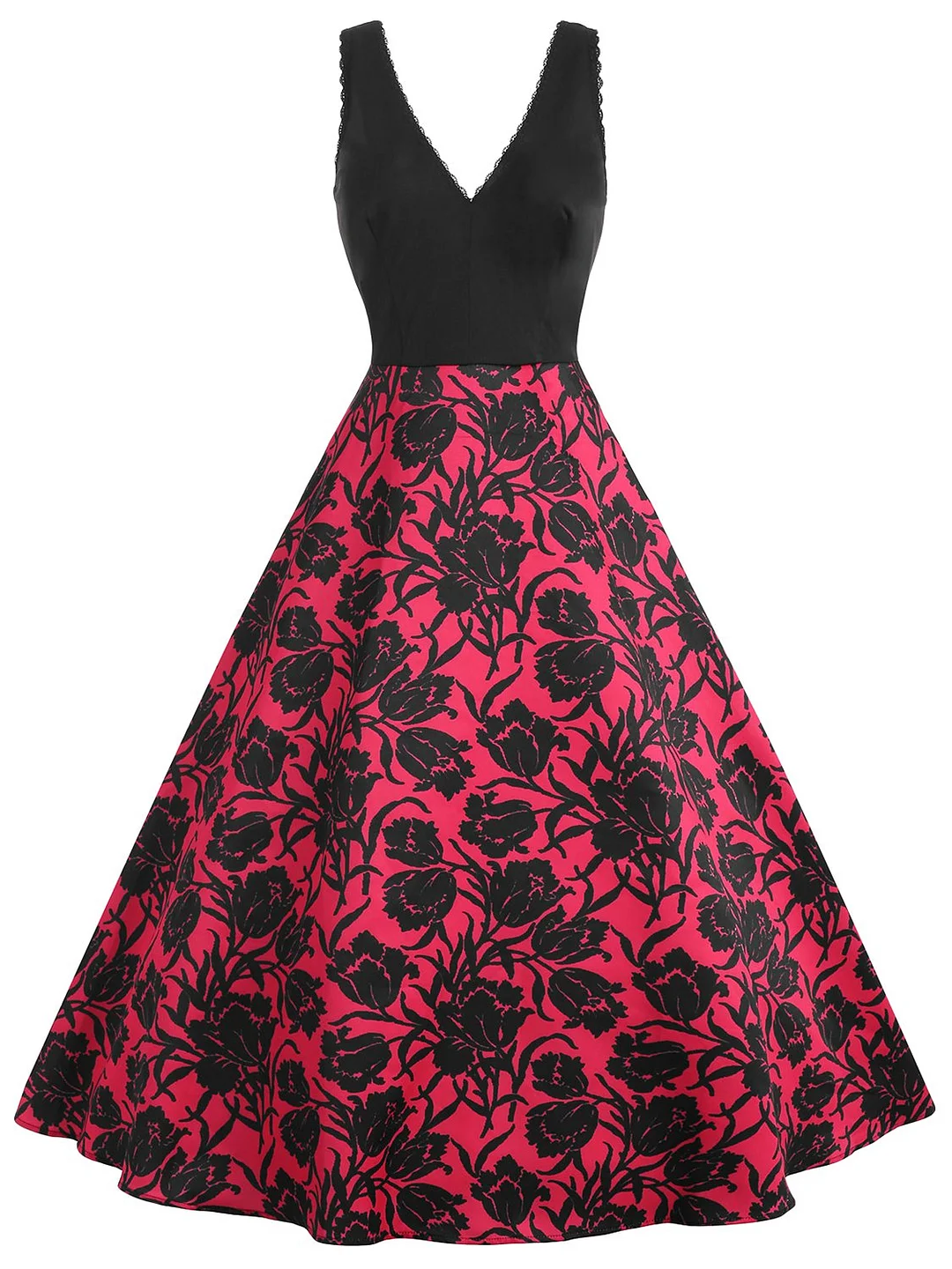 1950s V Neck Floral Sleeveless Long Dress