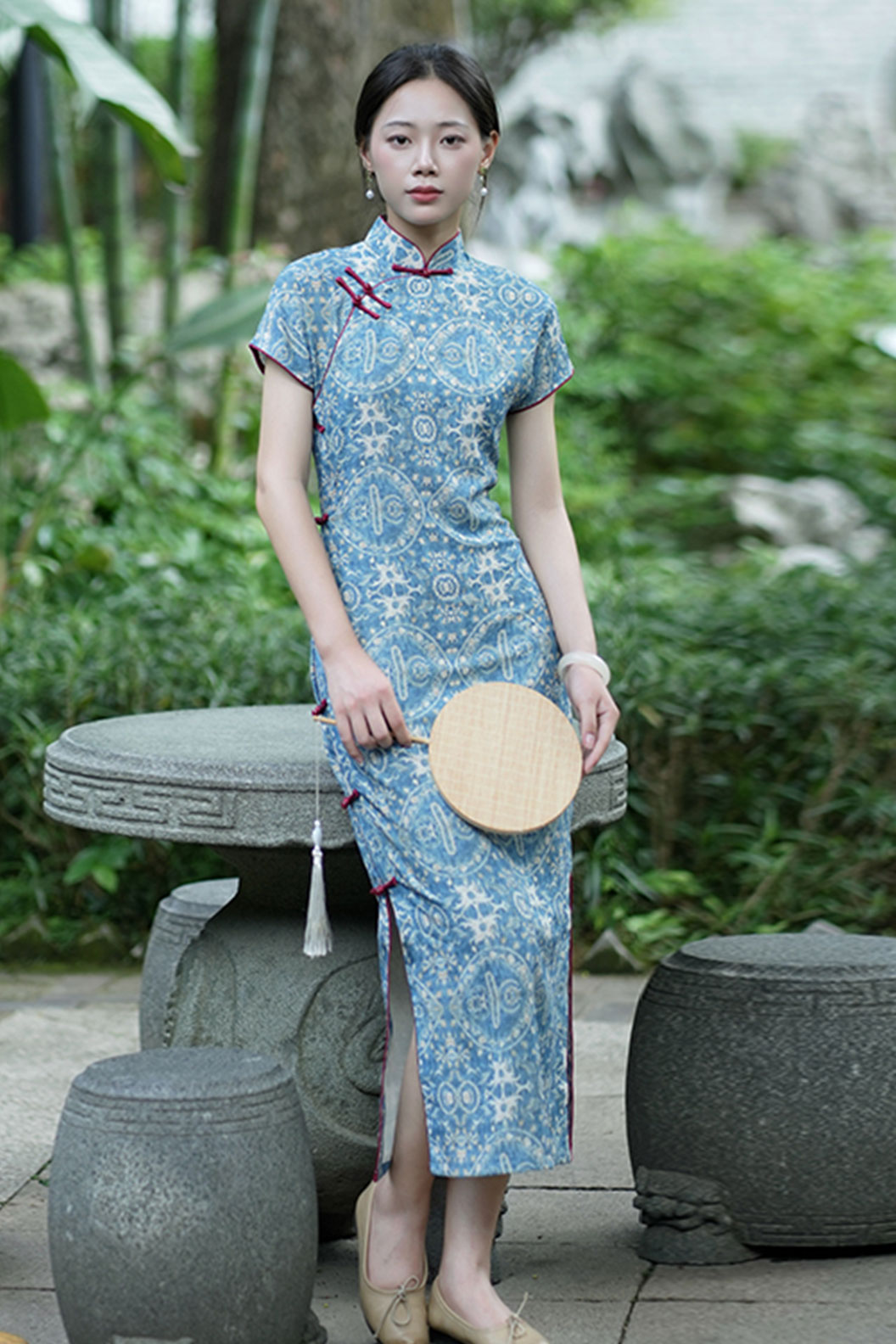 Cheongsam Qipao Blue Full Opening Collar Modern Chinese Style - xiyangjing 西洋镜 Stupa Stones