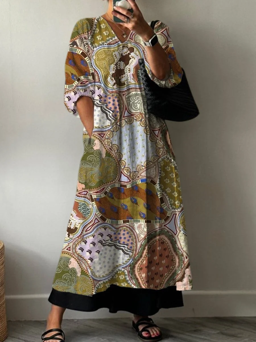 Women's Vintage Patchwork Pattern Art Print Pocket V-neck Cotton Dress