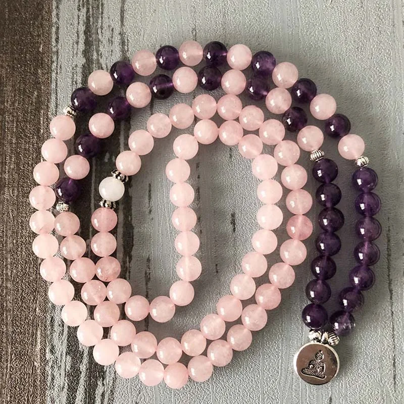 Natural Rose Quartz Amethyst Mala Bead Lotus Pendant Bracelet